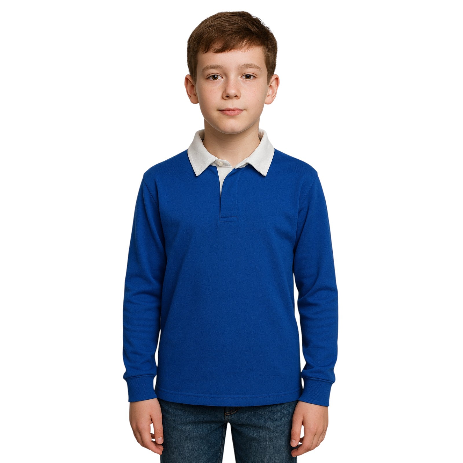 Classic rugby-style polo top for kids, long sleeves perfect for teams and schools in royal blue